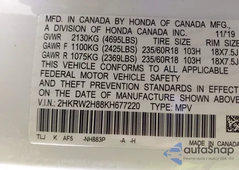 2019 Honda Cr-V Ex-L z USA, uszkodzony, nr VIN 2HKRW2H88KH677220